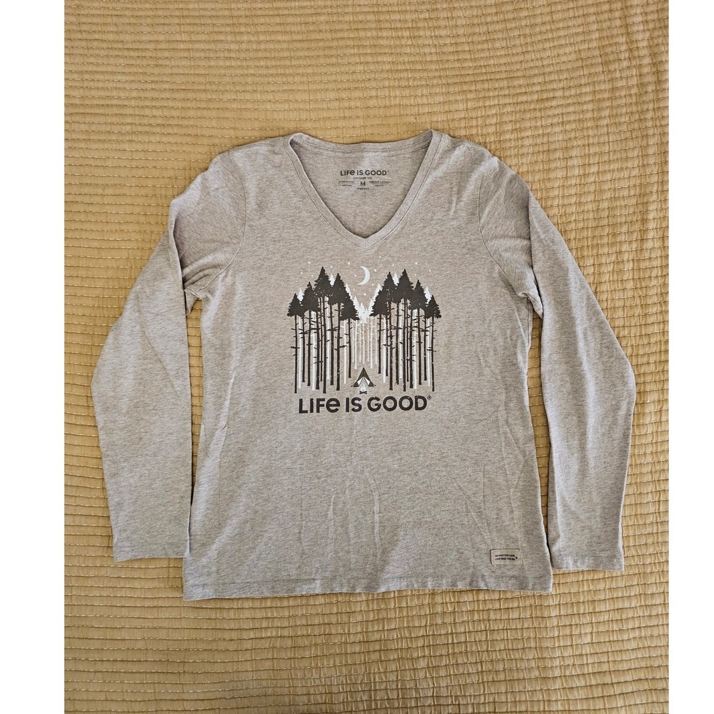 Life‎ is Good Womens Crusher Tee V-Neck Long Sleeve Camping Graphic Gorpcore
